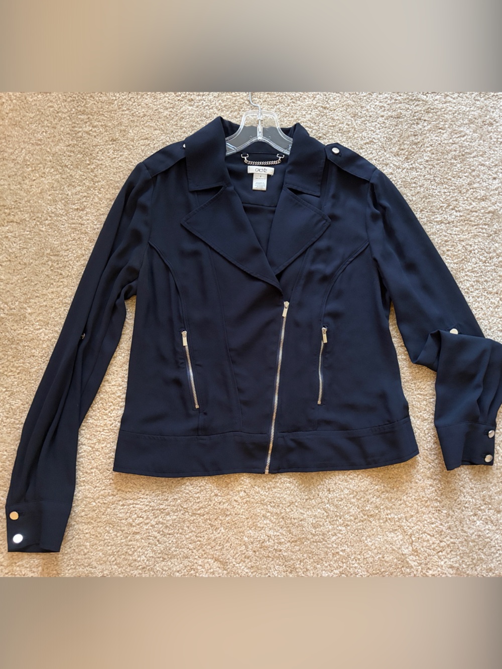 Cache Navy Zip-Front Blouse with Silver Accents